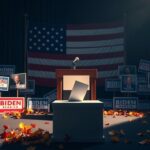 Flick International Empty podium with faded American flag symbolizing political transition