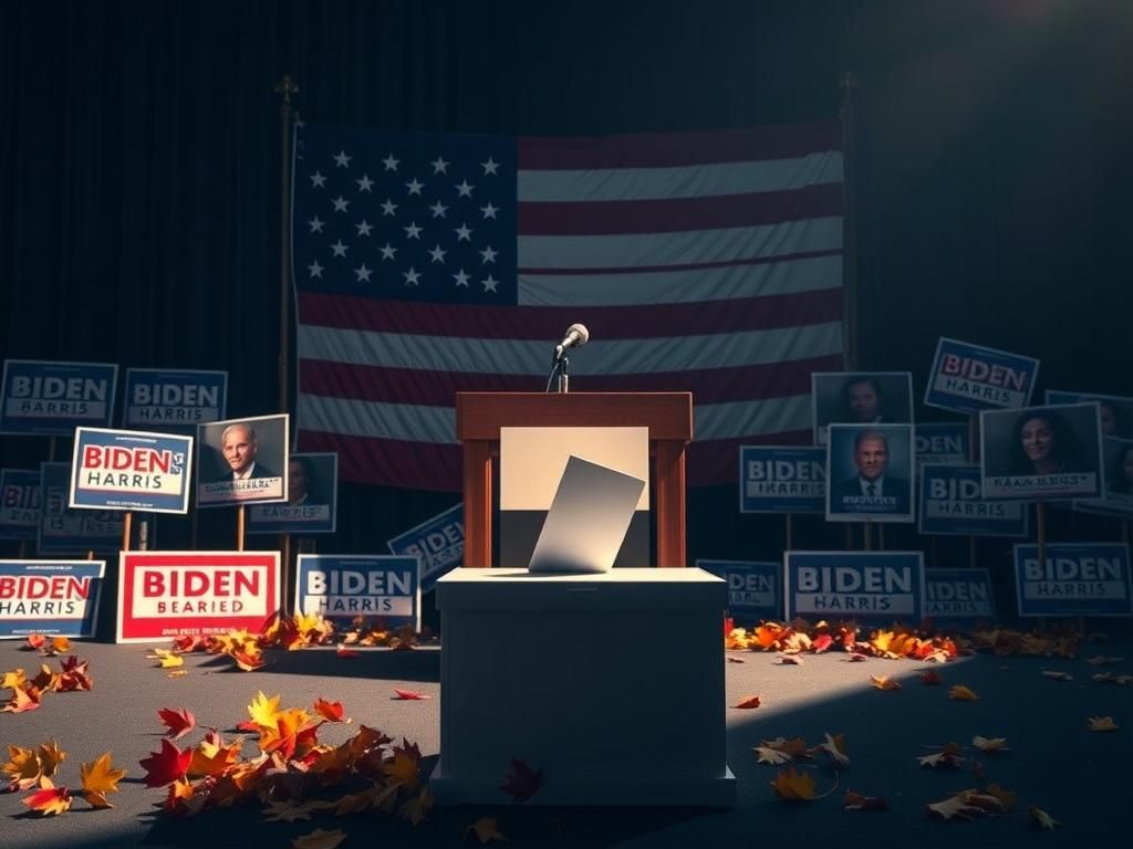 Flick International Empty podium with faded American flag symbolizing political transition
