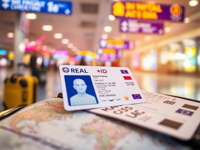 Flick International Close-up of a REAL ID card on an airport boarding pass with travelers in the background