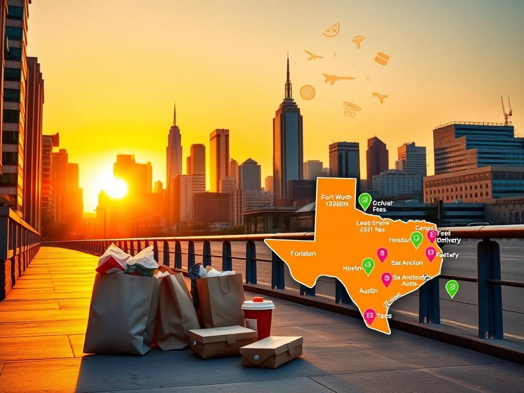 Flick International Vibrant cityscape at sunset with delivery bags and food containers on a sidewalk