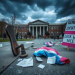 Flick International Empty sidewalk littered with discarded protest signs and debris at the University of Washington