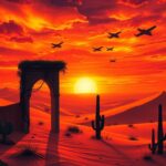 Flick International Dramatic view of a Middle Eastern landscape with sand dunes and warplanes