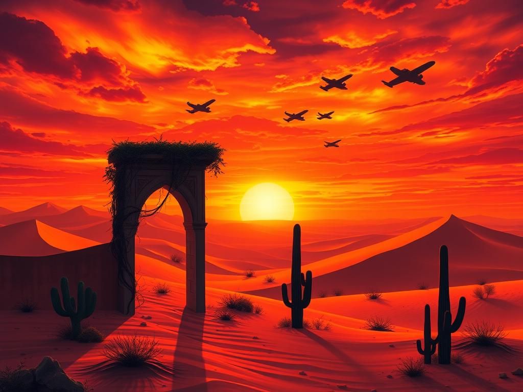 Flick International Dramatic view of a Middle Eastern landscape with sand dunes and warplanes