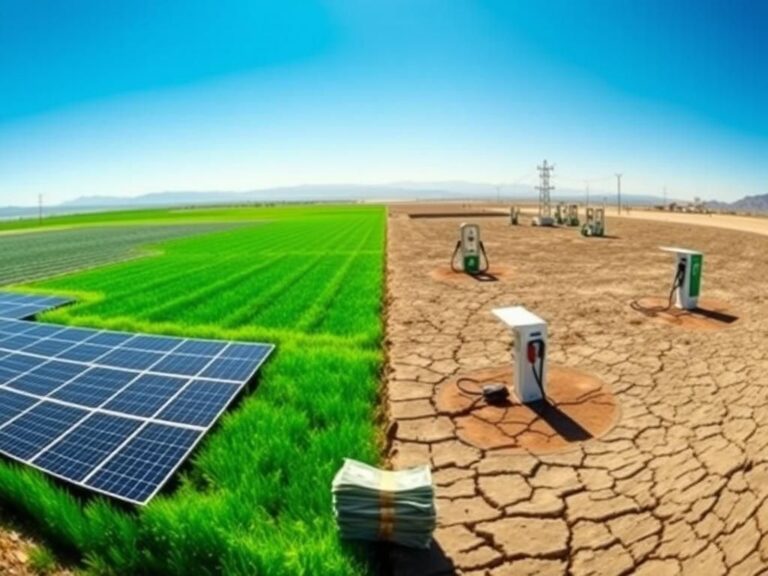 Flick International Panoramic view contrasting California's green energy initiatives with economic hardships