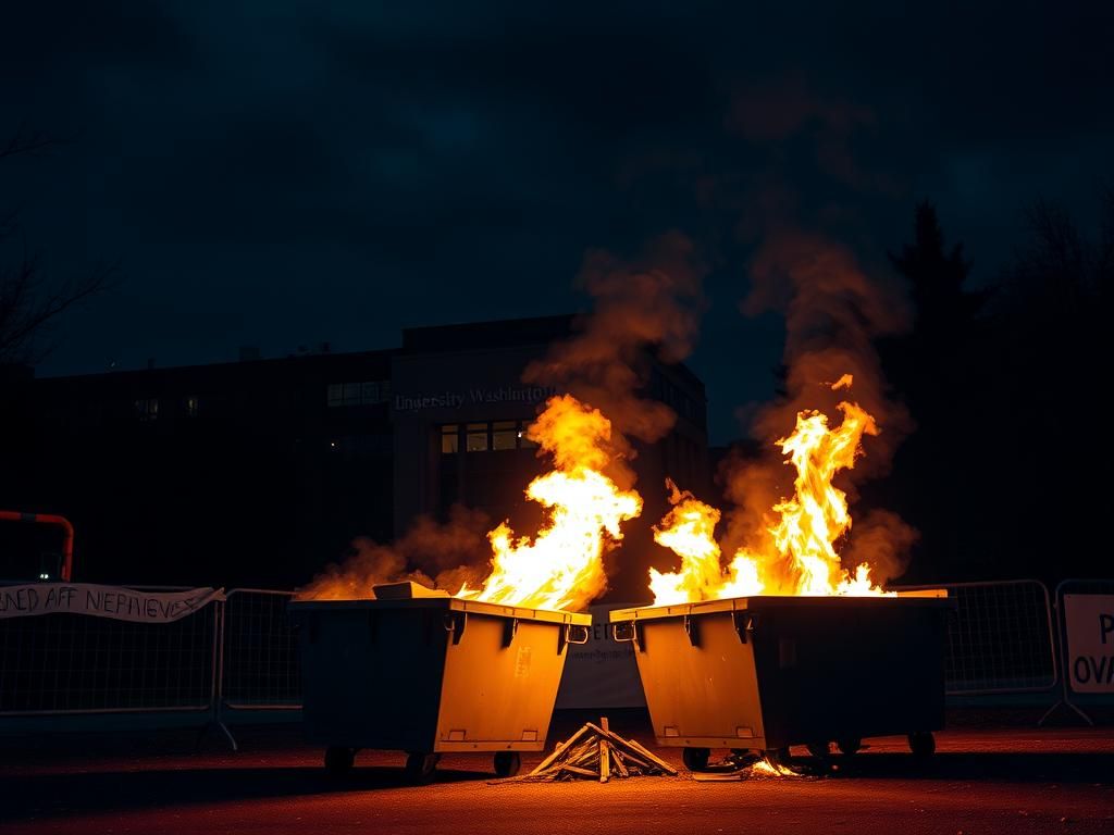 Flick International Nighttime scene of University of Washington campus with burning dumpsters