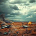 Flick International A desolate landscape showcasing the aftermath of aerial conflict with remnants of downed fighter jets.
