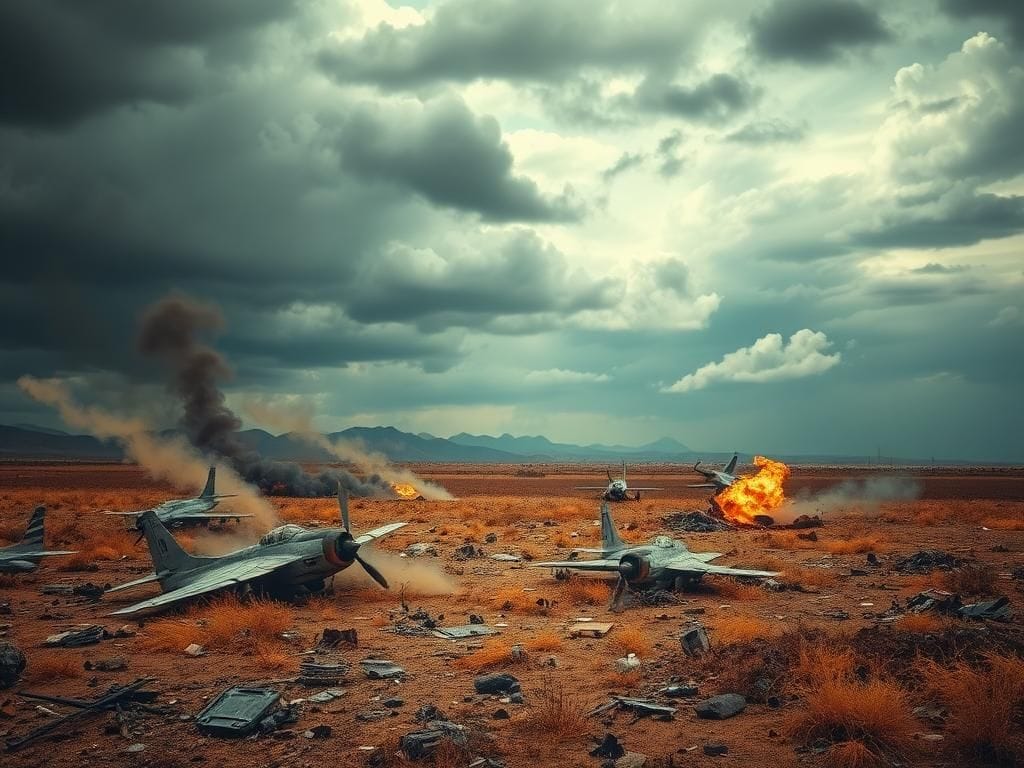 Flick International A desolate landscape showcasing the aftermath of aerial conflict with remnants of downed fighter jets.