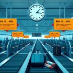 Flick International Busy airport security checkpoint with empty lanes and REAL ID signage