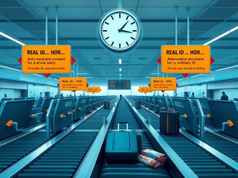 Flick International Busy airport security checkpoint with empty lanes and REAL ID signage