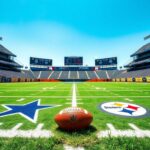 Flick International Empty football field featuring Dallas Cowboys and Pittsburgh Steelers logos