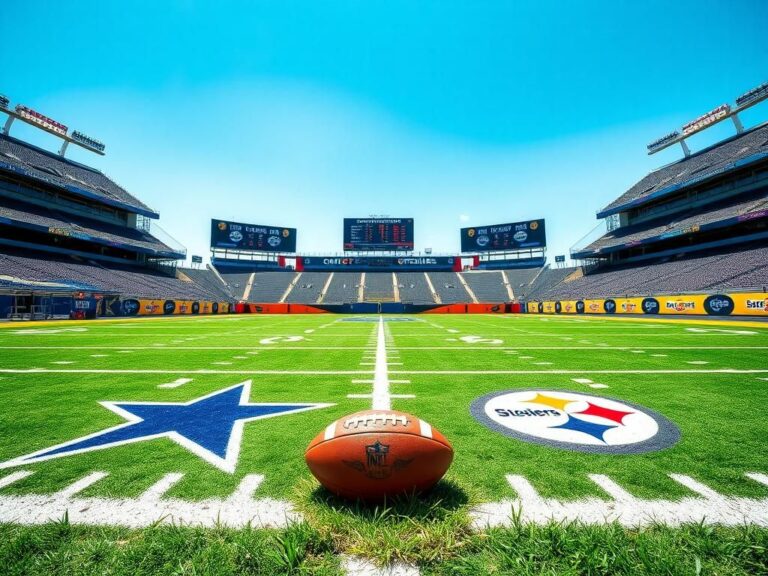 Flick International Empty football field featuring Dallas Cowboys and Pittsburgh Steelers logos