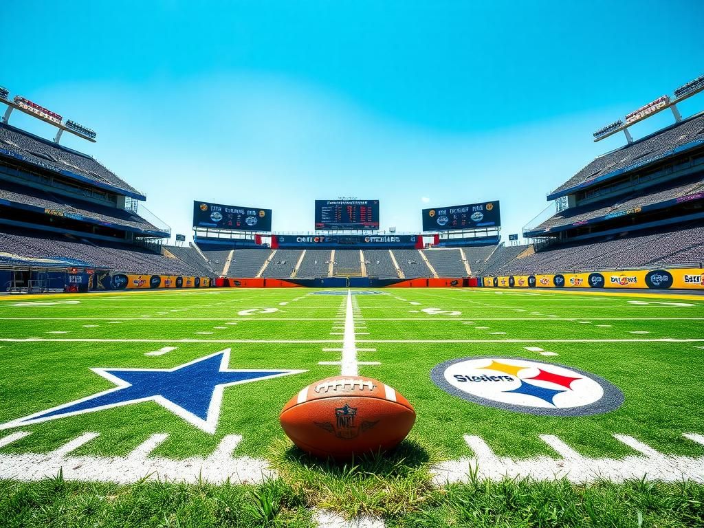 Flick International Empty football field featuring Dallas Cowboys and Pittsburgh Steelers logos