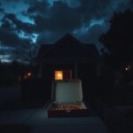 Flick International An ominous unmarked pizza box on a suburban porch at dusk
