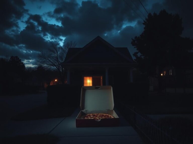 Flick International An ominous unmarked pizza box on a suburban porch at dusk