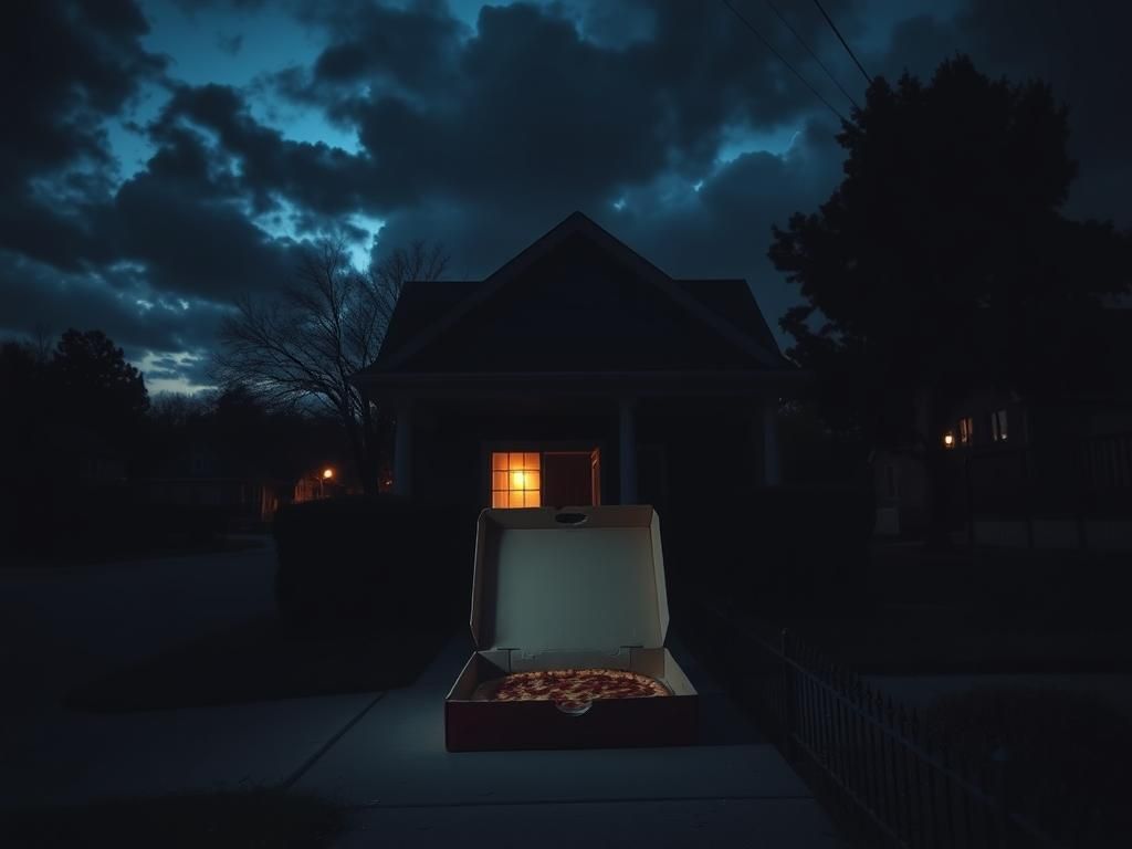 Flick International An ominous unmarked pizza box on a suburban porch at dusk