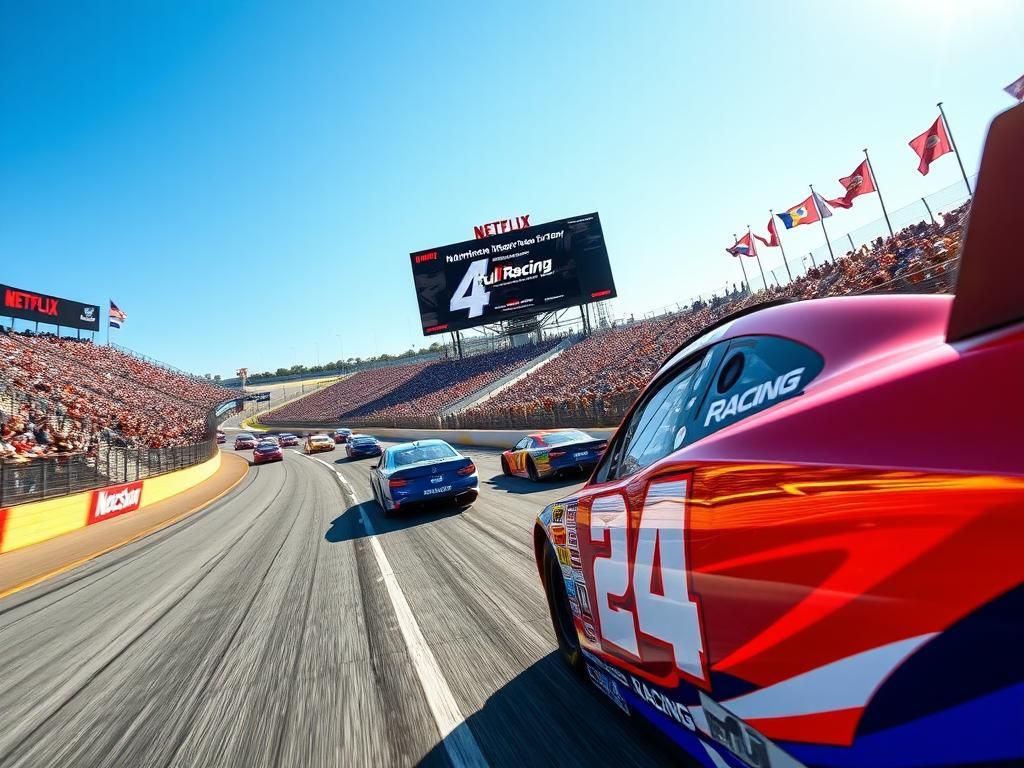 Flick International Vibrant NASCAR race scene featuring colorful race cars and enthusiastic fans at the circuit.