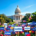 Flick International Vibrant political scene at Illinois state capitol with campaign rally setup