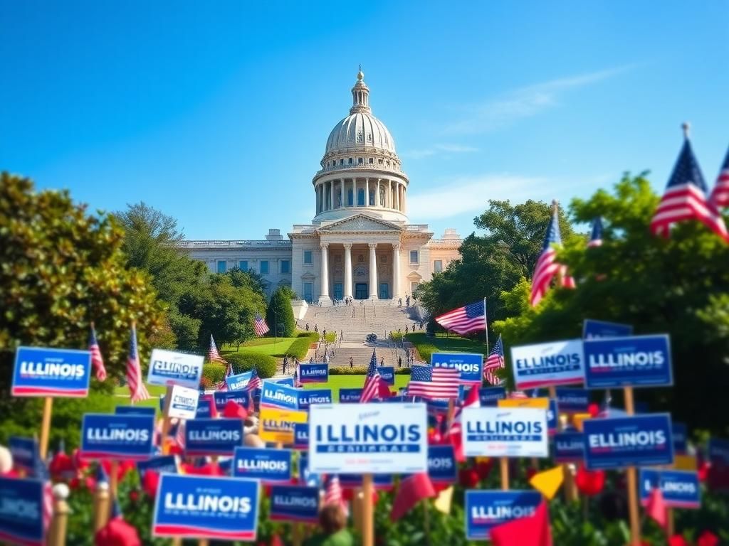 Flick International Vibrant political scene at Illinois state capitol with campaign rally setup