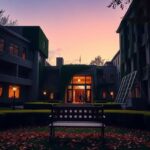 Flick International Serene university campus at dusk with academic building and welcoming entrance