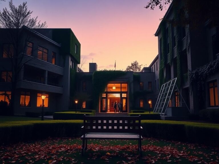Flick International Serene university campus at dusk with academic building and welcoming entrance