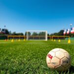 Flick International A well-maintained soccer field under a blue sky with a goalpost and a worn soccer ball symbolizing the journey of young players.