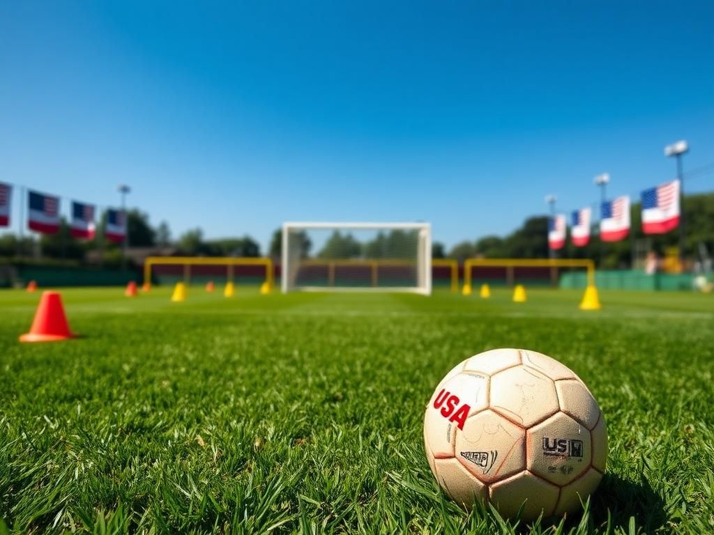 Flick International A well-maintained soccer field under a blue sky with a goalpost and a worn soccer ball symbolizing the journey of young players.