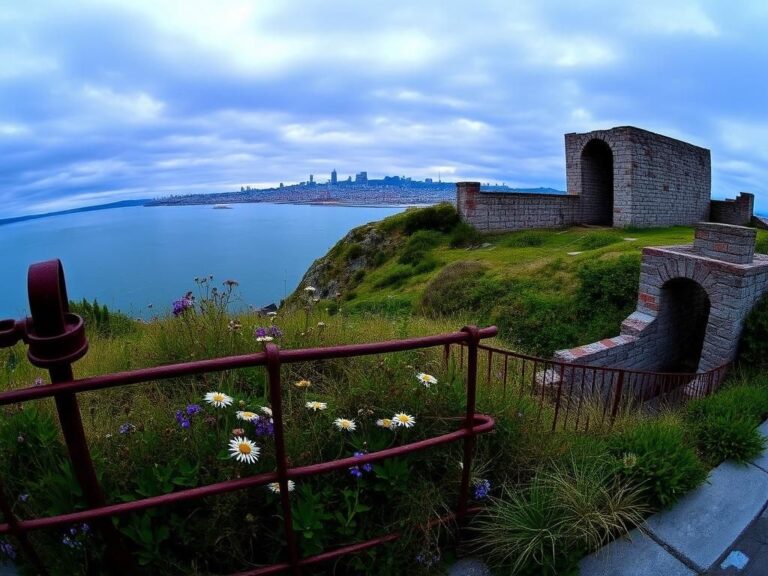 Flick International Panoramic view of Alcatraz Island with crumbling prison structures and overgrown vegetation