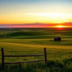 Flick International A picturesque South Dakota ranch landscape at sunset with rolling green hills and a rustic wooden fence