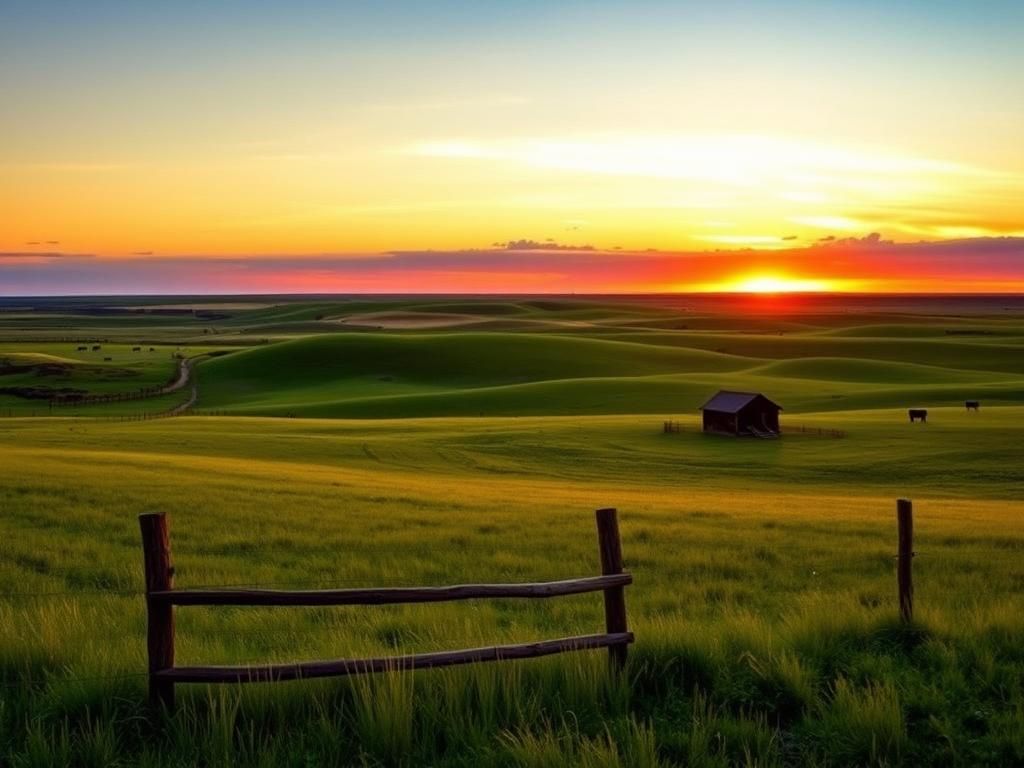 Flick International A picturesque South Dakota ranch landscape at sunset with rolling green hills and a rustic wooden fence