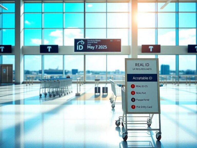 Flick International A serene airport scene with a modern terminal and clear REAL ID requirements signage