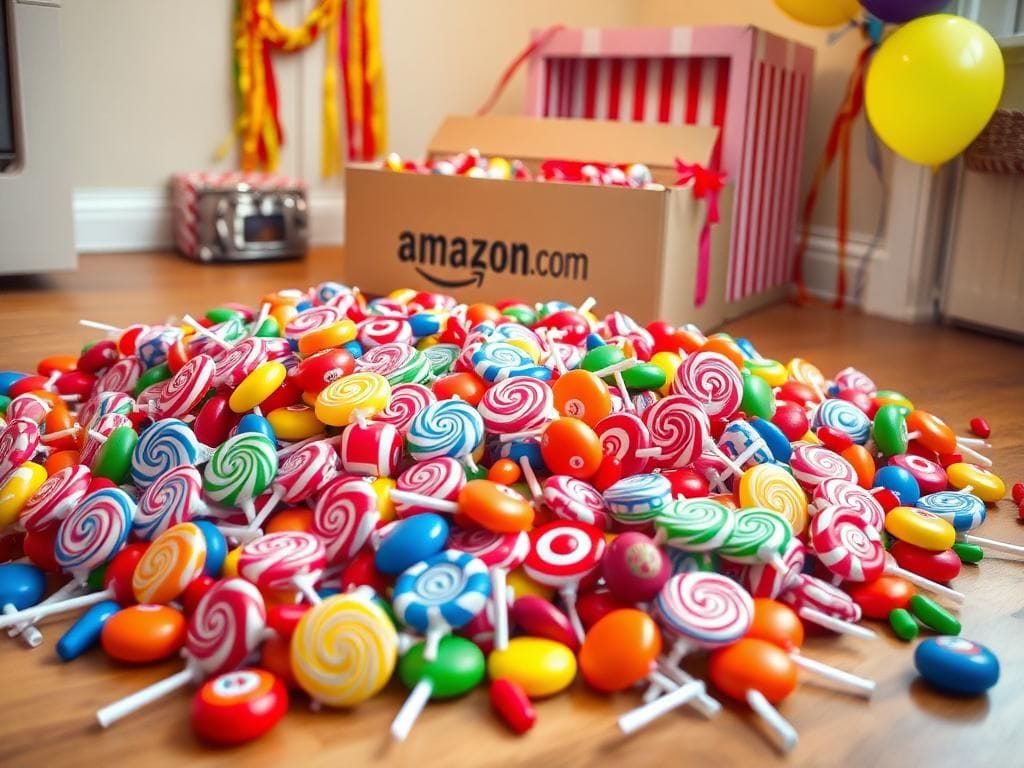 Flick International Colorful pile of assorted lollipops scattered on a hardwood floor