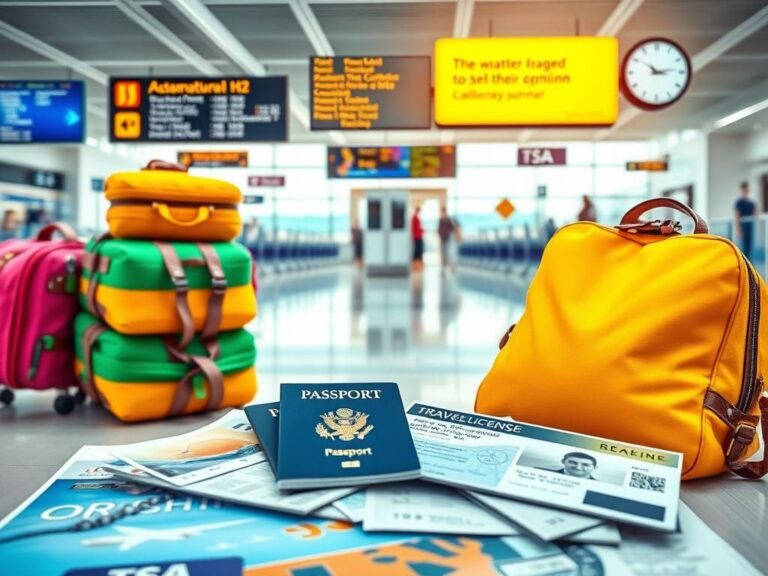Flick International Vibrant airport scene showcasing travel bags and identification documents