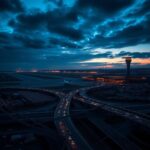 Flick International Aerial view of Newark Liberty International Airport at twilight with illuminated runways and air traffic control towers