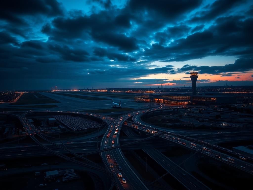 Flick International Aerial view of Newark Liberty International Airport at twilight with illuminated runways and air traffic control towers