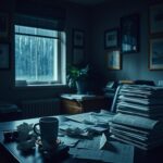 Flick International Dimly-lit office space with disordered documents and a wilted plant symbolizing neglect
