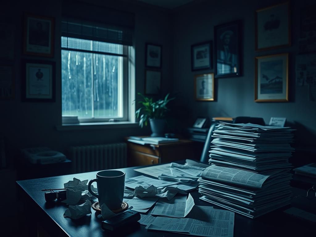 Flick International Dimly-lit office space with disordered documents and a wilted plant symbolizing neglect