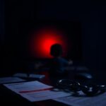 Flick International Dimly lit computer screen in a dark room symbolizing online dangers
