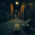 Flick International dimly lit urban alleyway in Brooklyn with graffiti-covered walls and abandoned debris