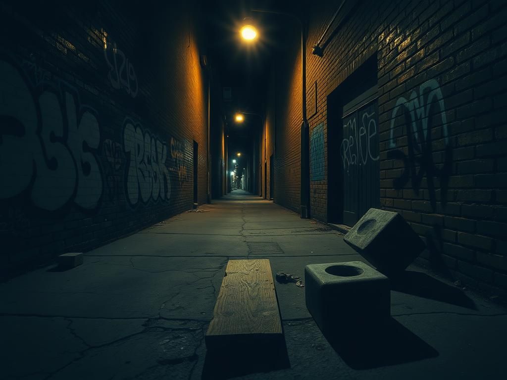 Flick International dimly lit urban alleyway in Brooklyn with graffiti-covered walls and abandoned debris