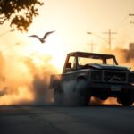 Flick International Wrecked Cybertruck on a quiet Los Angeles street with smoke rising