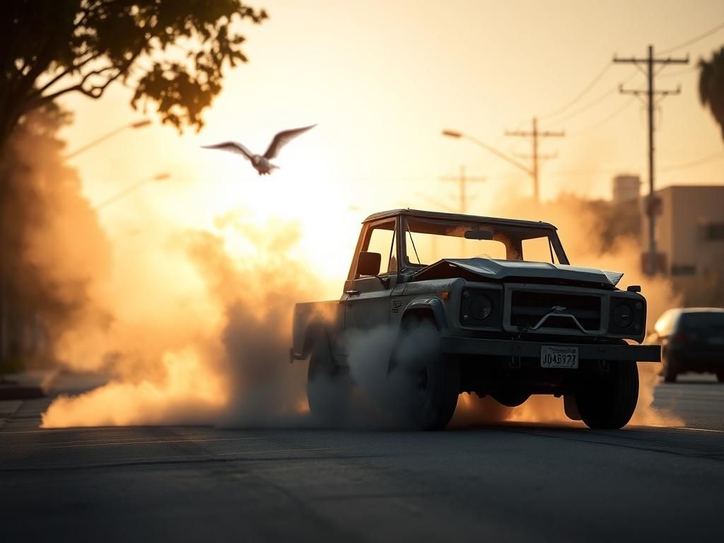 Flick International Wrecked Cybertruck on a quiet Los Angeles street with smoke rising