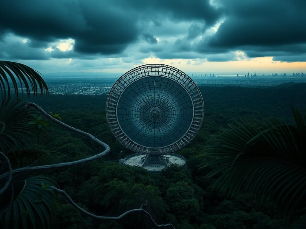 Flick International Aerial view of a surveillance antenna array in Cuba surrounded by tropical forest