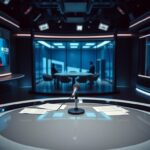 Flick International Dramatic newsroom scene with empty news desk symbolizing journalistic integrity