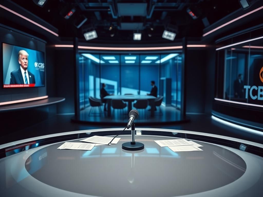 Flick International Dramatic newsroom scene with empty news desk symbolizing journalistic integrity