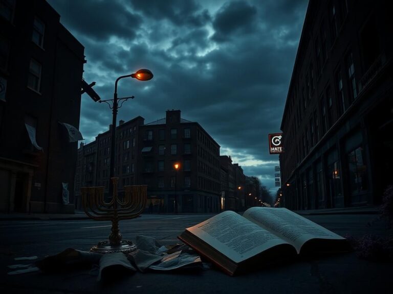 Flick International Empty urban street at dusk showcasing signs of neglect and symbols of antisemitism