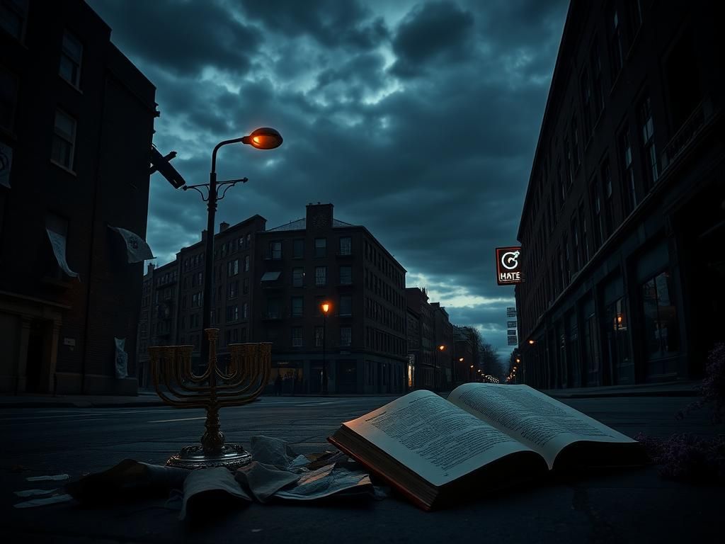 Flick International Empty urban street at dusk showcasing signs of neglect and symbols of antisemitism
