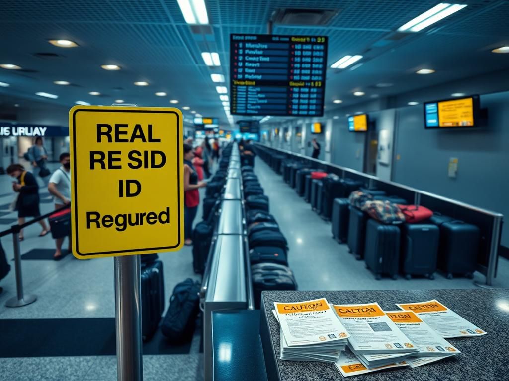 Flick International A high-angle view of a bustling airport terminal showcasing a TSA checkpoint with a 'REAL ID Required' sign