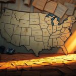 Flick International Large, weathered map of the United States illustrating refugee journeys with empty paths and essential supplies.