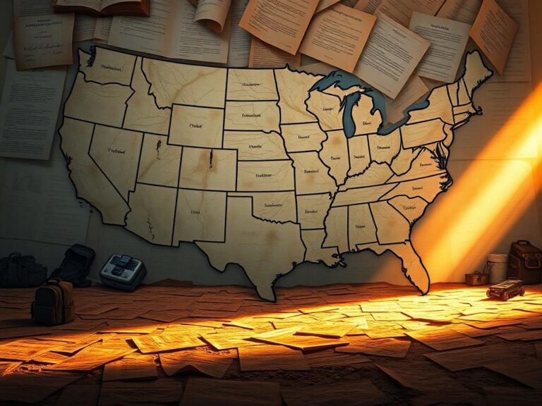 Flick International Large, weathered map of the United States illustrating refugee journeys with empty paths and essential supplies.