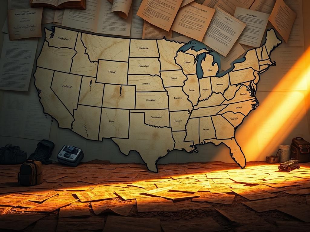 Flick International Large, weathered map of the United States illustrating refugee journeys with empty paths and essential supplies.